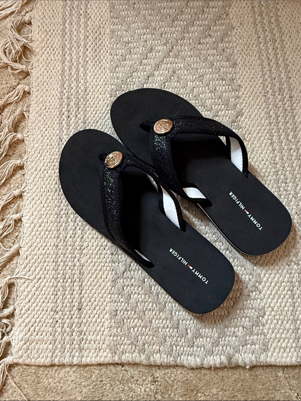 Tommy Hilfiger Black Logo Glitter Strap Flip Flop Sandals